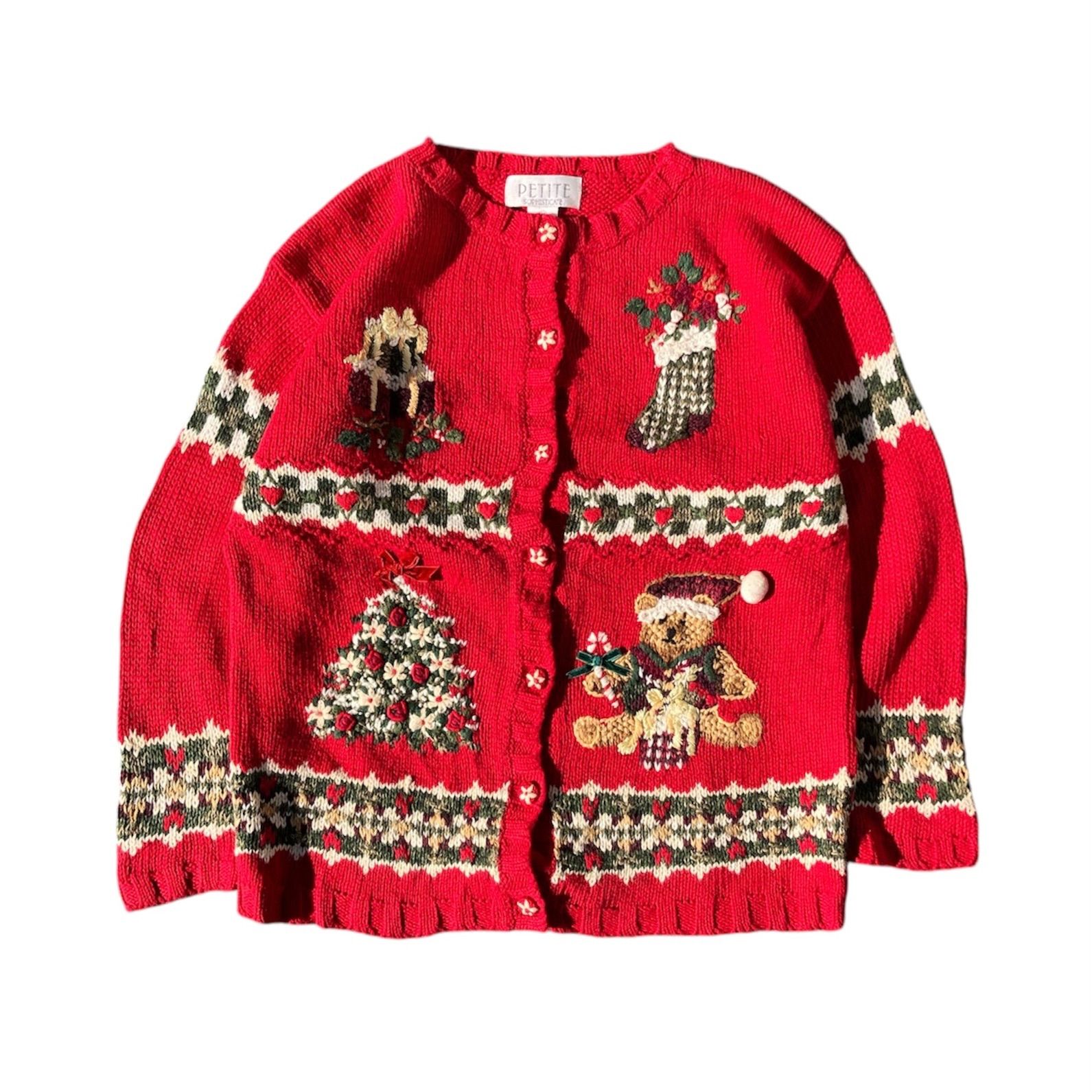 クリスマス　刺繍カーディガン　アグリーセーター　ヴィンテージ　赤 クリスマス 刺繍カーディガン アグリーセーター ヴィンテージ 赤