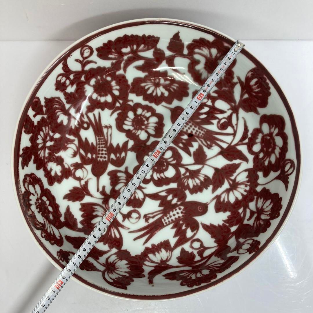吉田隆　紬裏紅花鳥文大鉢　共箱　タカオ　直径39㎝　東ま5-1111③ 吉田隆 紬裏紅花鳥文大鉢 共箱 タカオ 直径39㎝ 東ま5-1111③