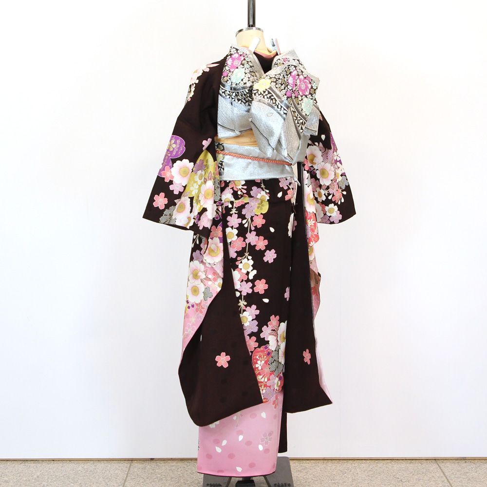 振袖フルセット 5点セット 花尽くし 桜 華やか 最高級 こげ茶 桜柄 