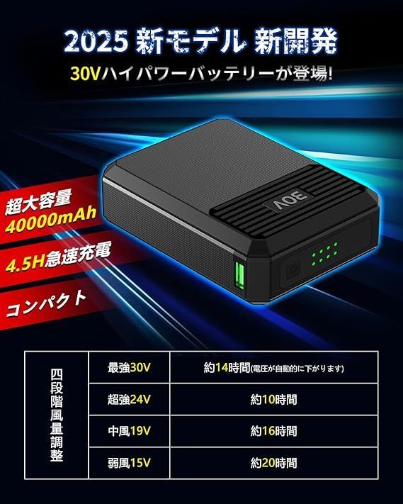 空調作業服 ファンバッテリーセット 【2025最強爆風 30V超高出力