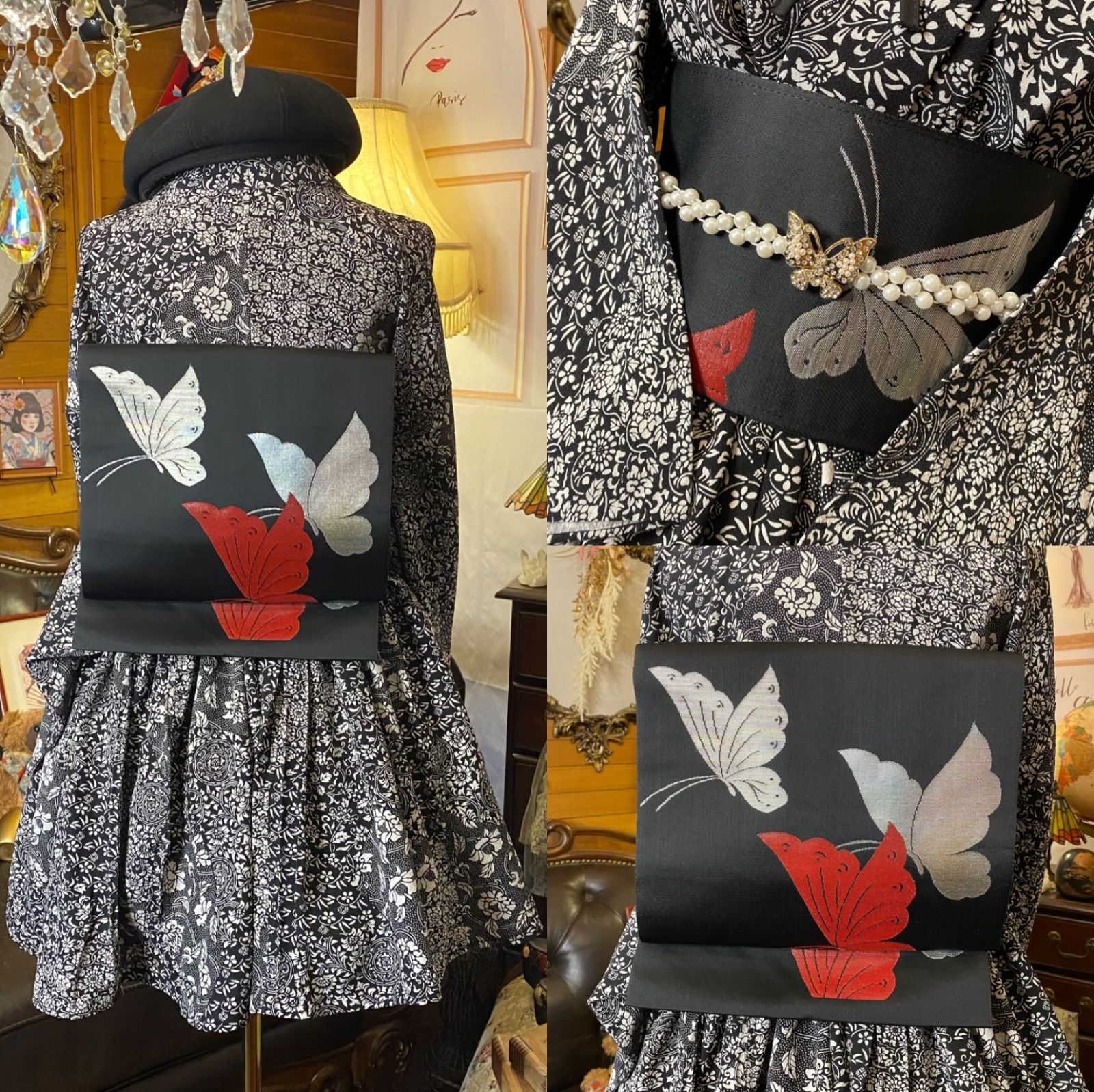 着物 ミニ丈 ワンピース ドレス 和ロリ 2部式作り帯 名古屋帯 お太鼓 