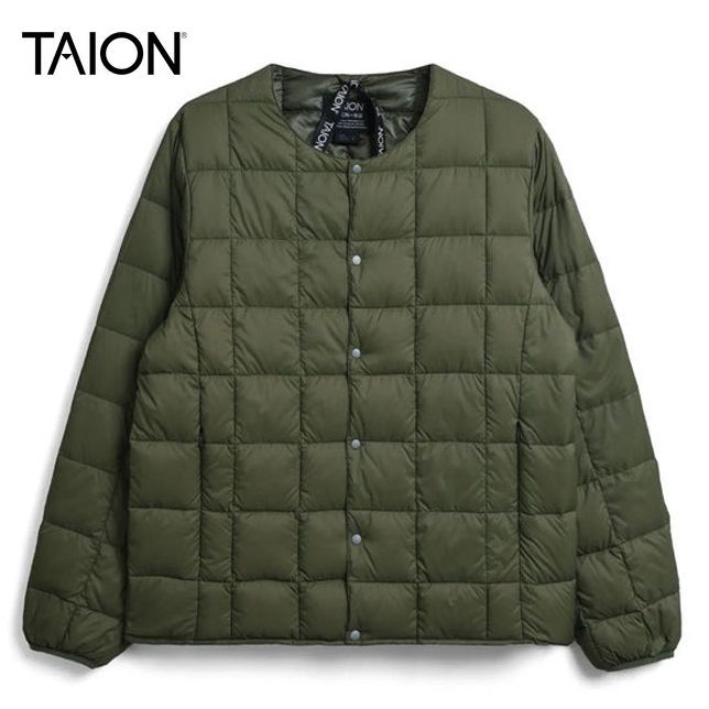 タイオン メンズ ベーシック クルーネックボタン インナーダウンジャケット 定番無地 TAION-104 ライトダウンジャケット ダークオリーブ