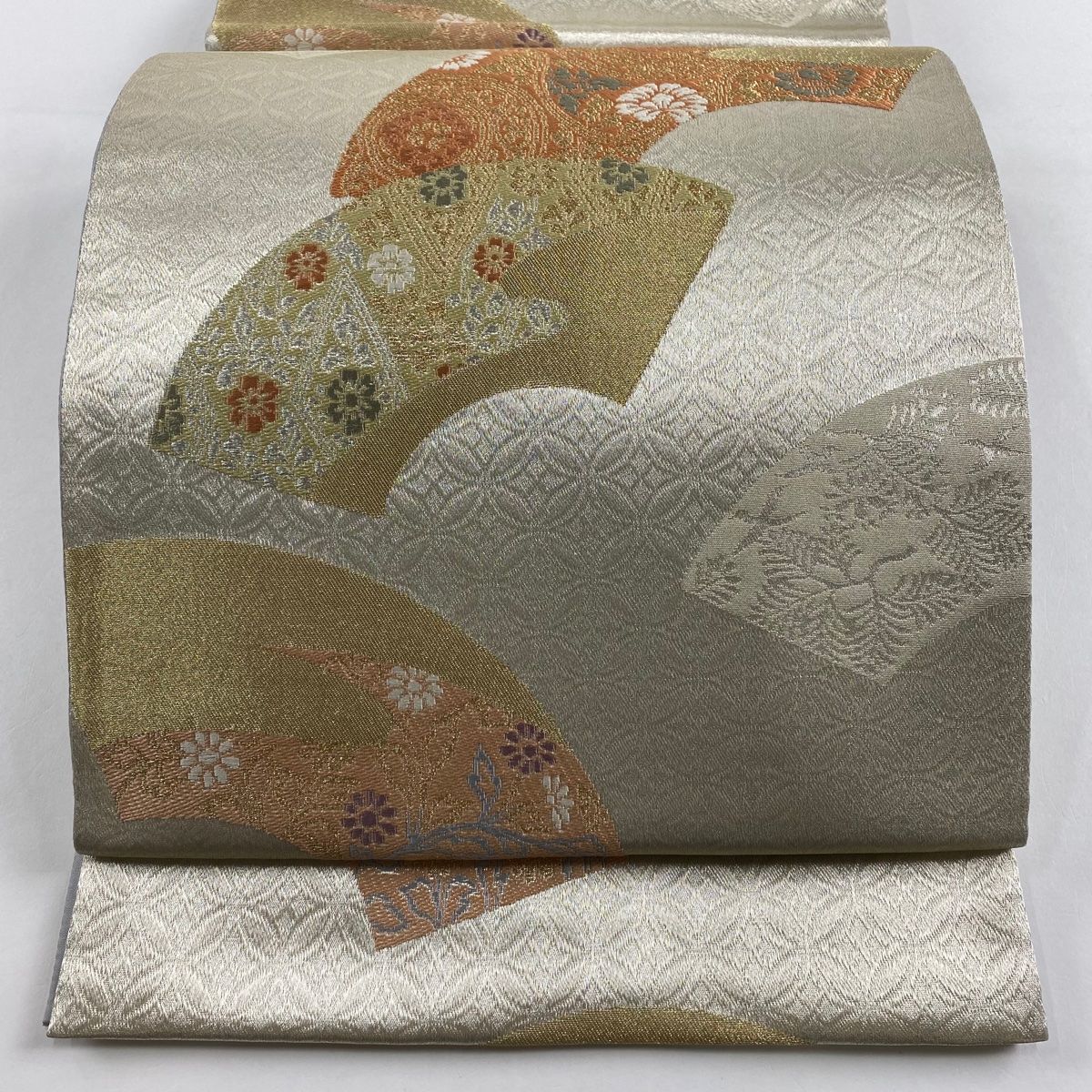 袋帯 秀品 ますいわ屋 扇面 七宝 金銀糸 銀色 六通 正絹