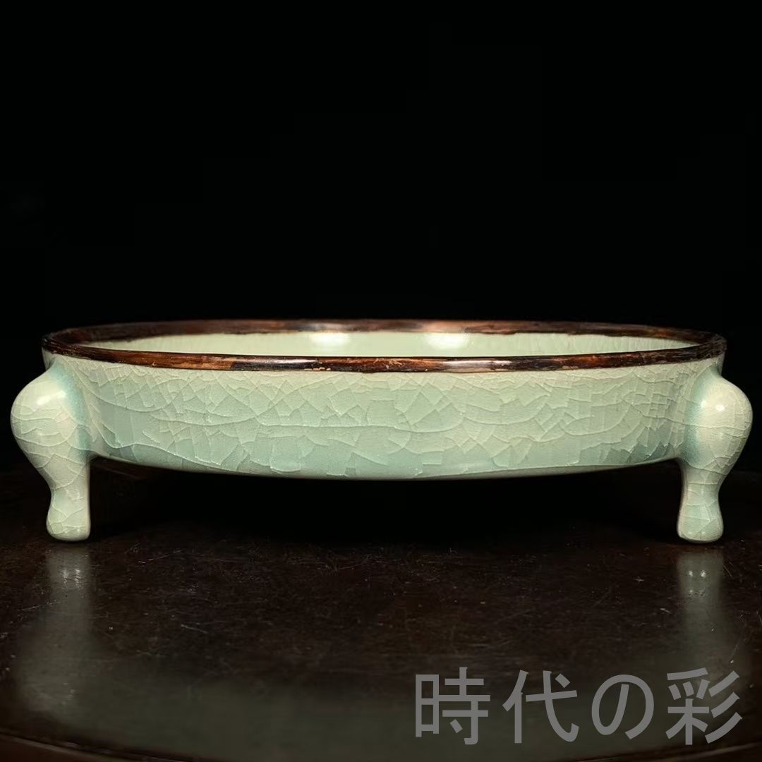 中国古美術 宋代 汝窯 嵌銀 包口 三足洗 筆洗 書道具 案頭 文房置物 青磁 工芸品 古陶磁器 旧蔵 古賞物 骨董品 古玩 時代物 R0710110111