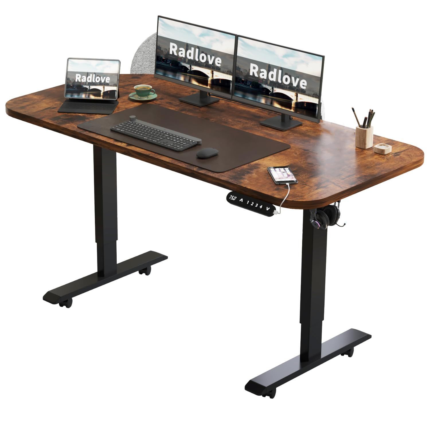 高さ調節 つくえ PCデスク メモリー機能付き スタンディングデスク 高さ 電動 机 71~117CM ゲーミングデスク 幅120CM×奥行60CM 間仕切り付き デスク マウスパッド付き 電動昇降式 パソコンデスク ブラウン Radlove