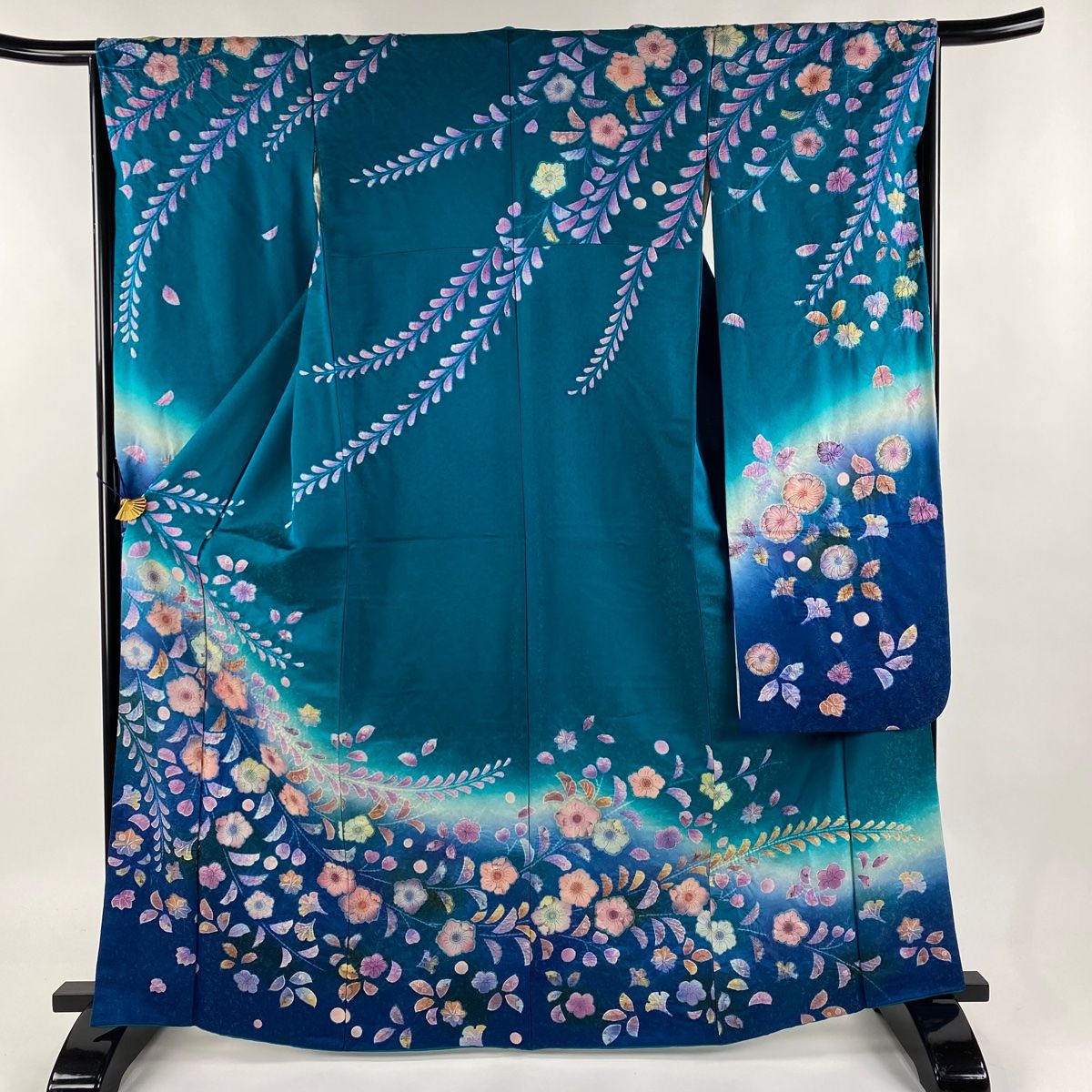 高級 振袖 青色 花柄 身丈172.5cm 裄丈67cm M 牡丹松竹梅金彩 高級 振袖 青色 花柄 身丈172.5cm 裄丈67cm M 牡丹松竹梅金彩