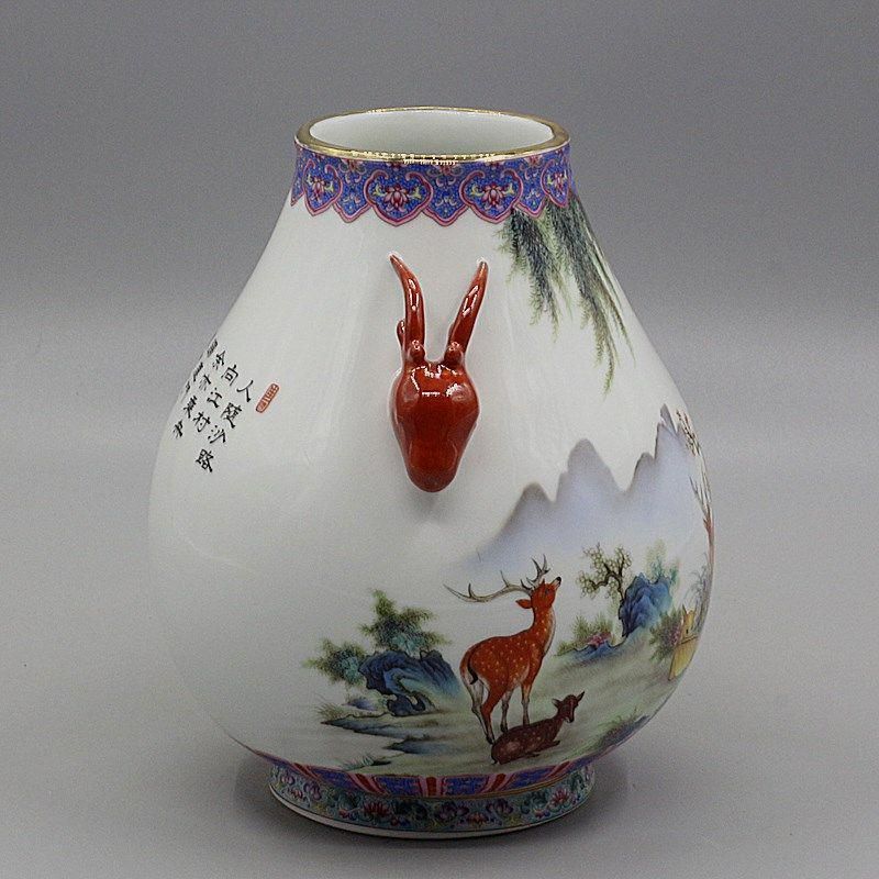 中国美術 両耳鹿頭福筒 開運 風水招財 陶磁器 装飾品 現代工芸品 美術品 置物 中国美術 両耳鹿頭福筒 開運 風水招財 陶磁器 装飾品 現代工芸品