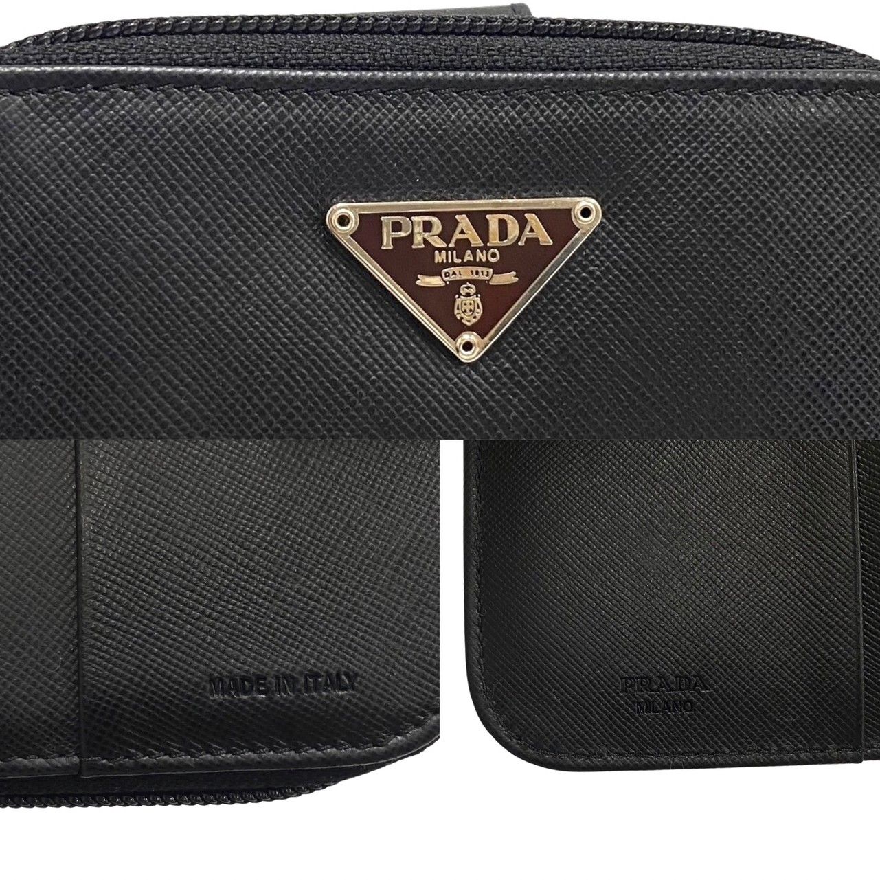 美品 PRADA 二つ折り財布 ラウンド 三角ロゴ サフィアーノ レザー 黒