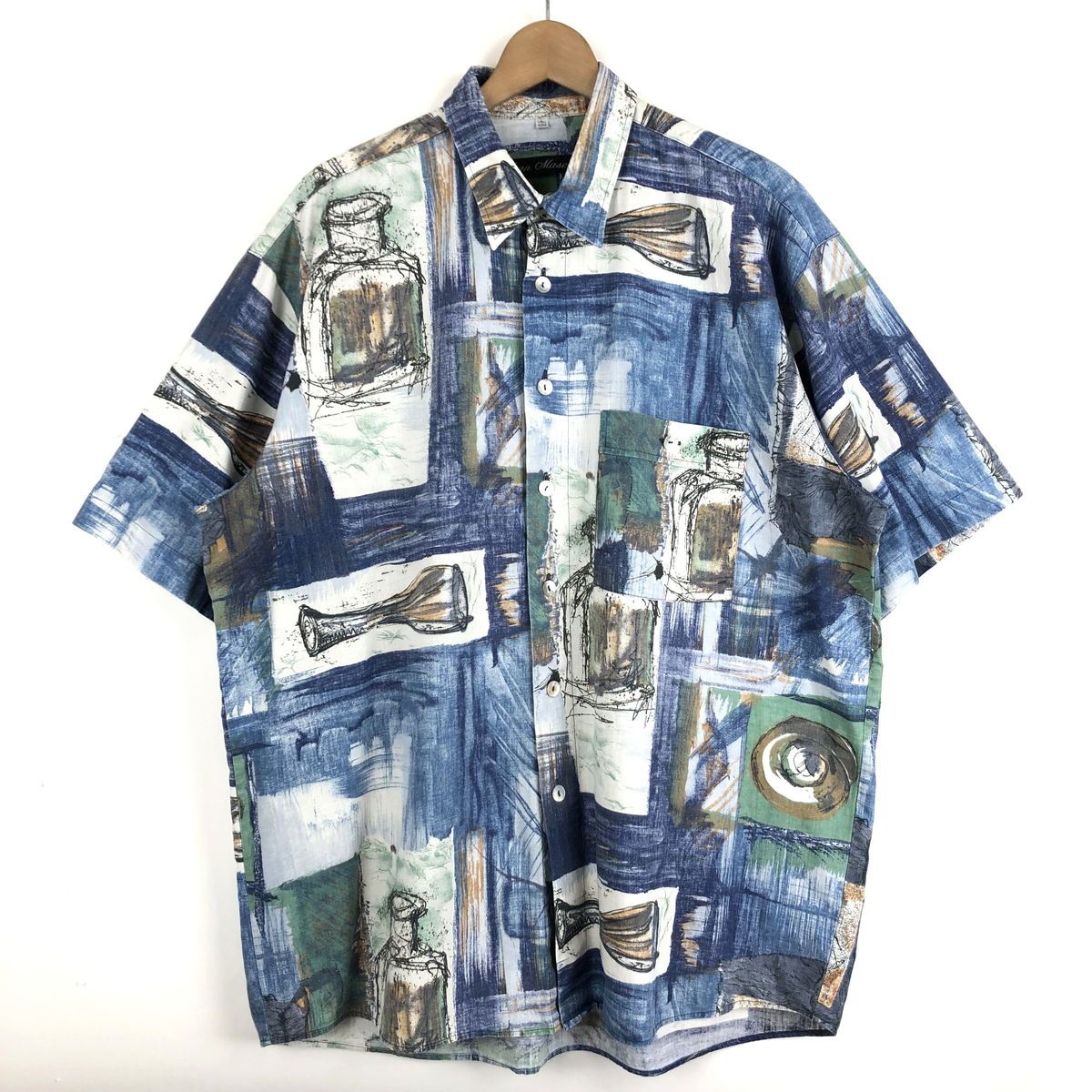 【古着】 Jean Maseric シャツ 柄シャツ 総柄 絵画系 シェルボタン ヴィンテージ 半袖 ブルー系 メンズL 【中古】 n046183
