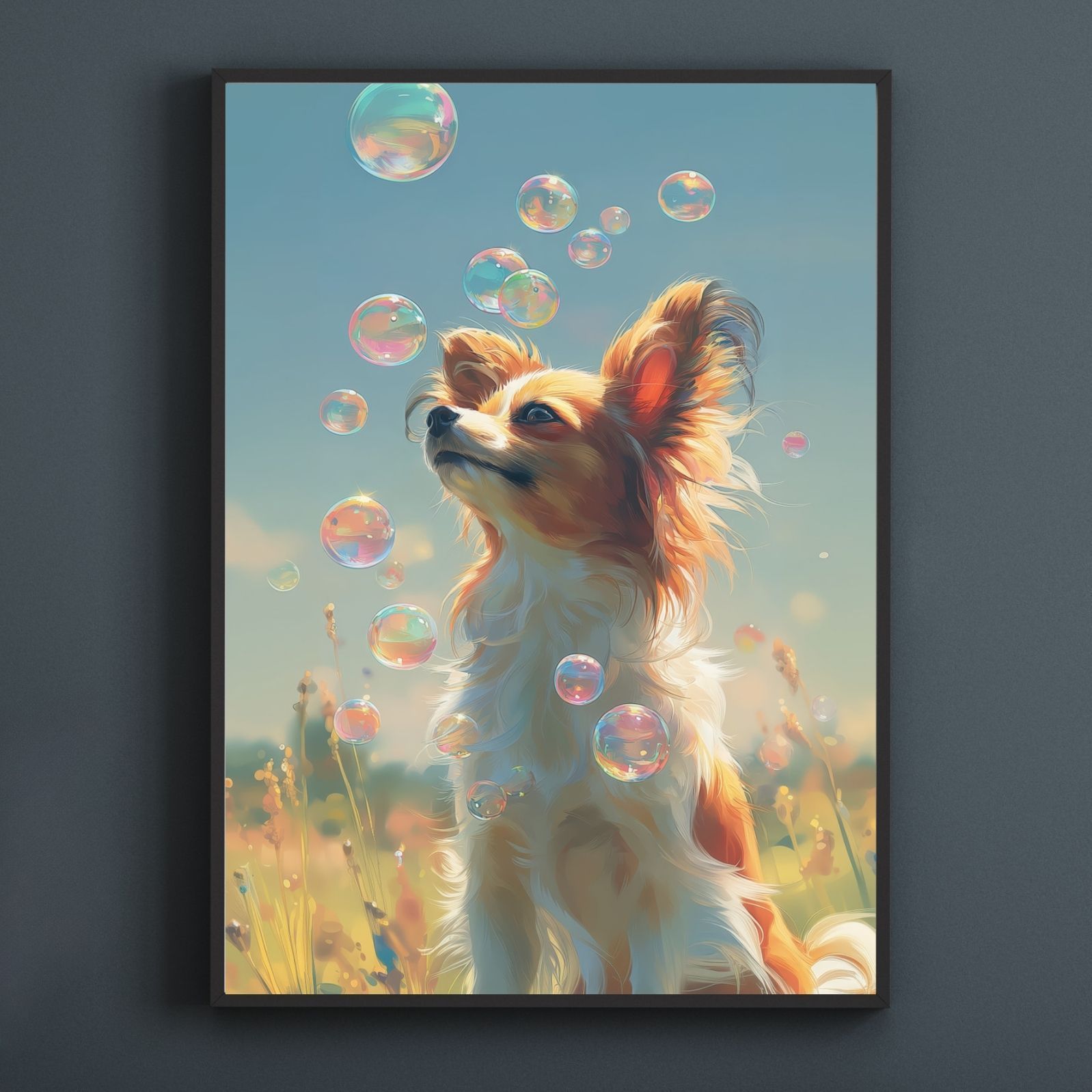 名入れOK 犬とシャボン玉 - パピヨン犬 No.1 アートポスター うちの子記念日 ペットロス 北欧 ナチュラル