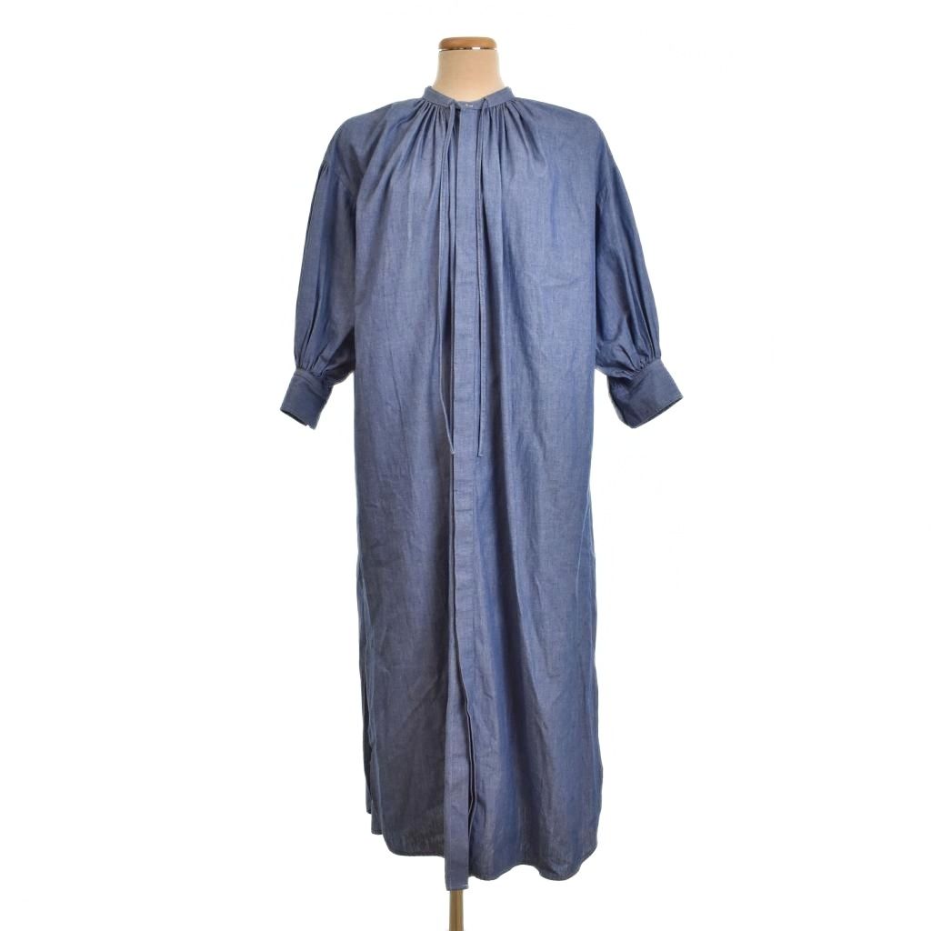 ハイク HYKE 22SS CHAMBRAY GATHERED DRESS シャンブレー ワンピース 長袖 ロング 1 青 ブルー 221-16126 033