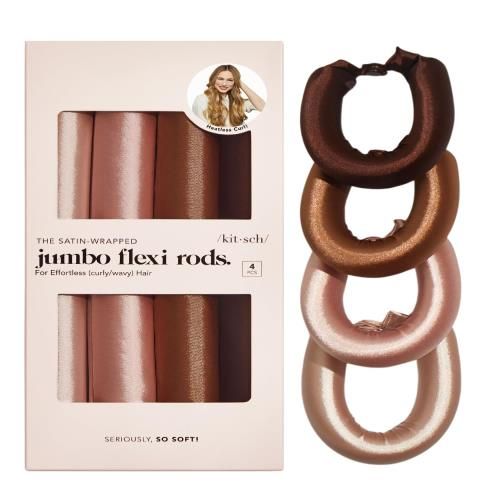 Kitsch サテン ヒートレス カーリングロッド - ジャンボ フレキシ ロッド 一晩カール用 ヒートレス ヘアカーラー 寝るソフトヘアカーラー 女性用 ヒートレスカーラー ショートヘア用 ヒートカールなし 4個 - ローズウッド