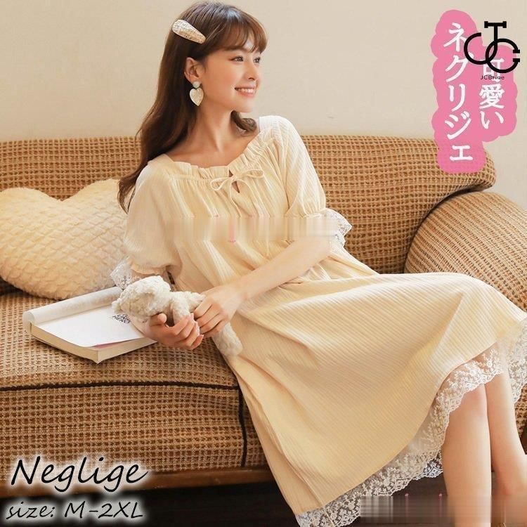 送料無料ネグリジェ 夏 半袖ワンピース 姫風ネグリジェ レース