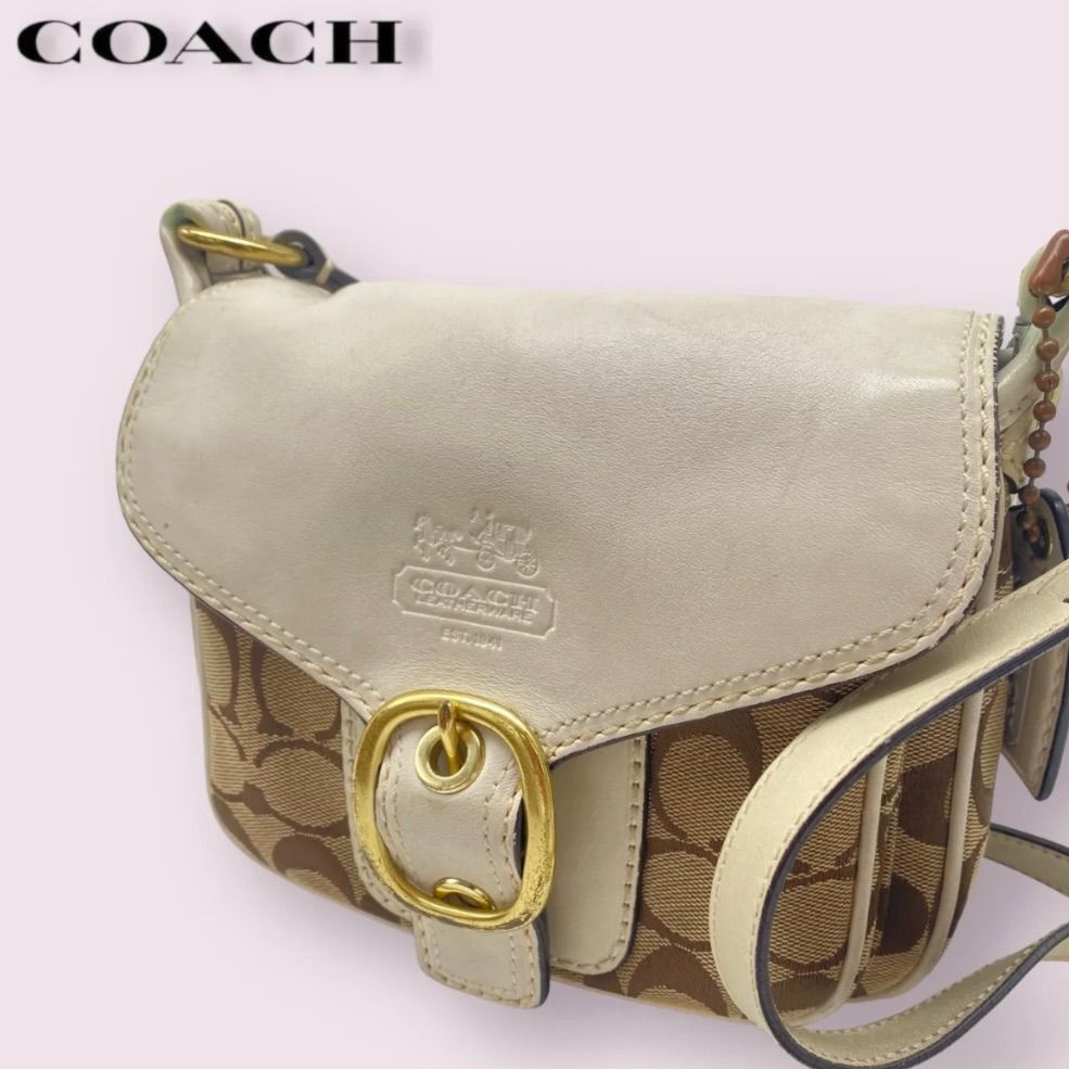 希少 ✨️ COACH ポピー シグネチャー サッチェルバッグ 白✕アイボリー COACH コーチ シグネチャー ショルダーバッグ 白 レザー