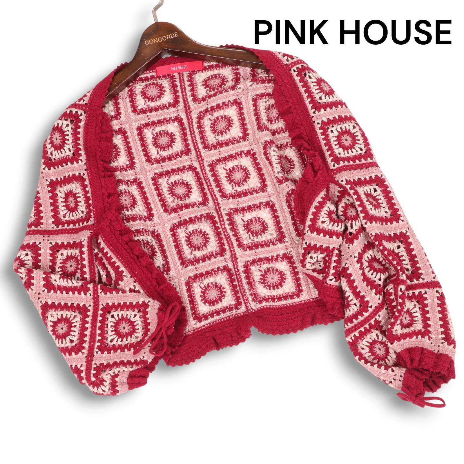 希少　ピンクハウス　パッチワーク　カーディガン　モヘア混　いちご　リボン　ビーズ 希少 ピンクハウス パッチワーク カーディガン モヘア混 いちご リボン