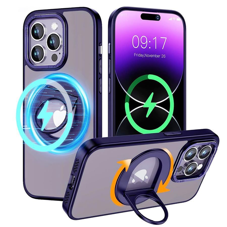iPhone15 Pro Max ケース リング付き MagSafe対応 指紋防止 アップルホール付き 360度回転 アイフォン15Pro Max MagSafeケース カバー スタンド機能 (15ProMax 紫)