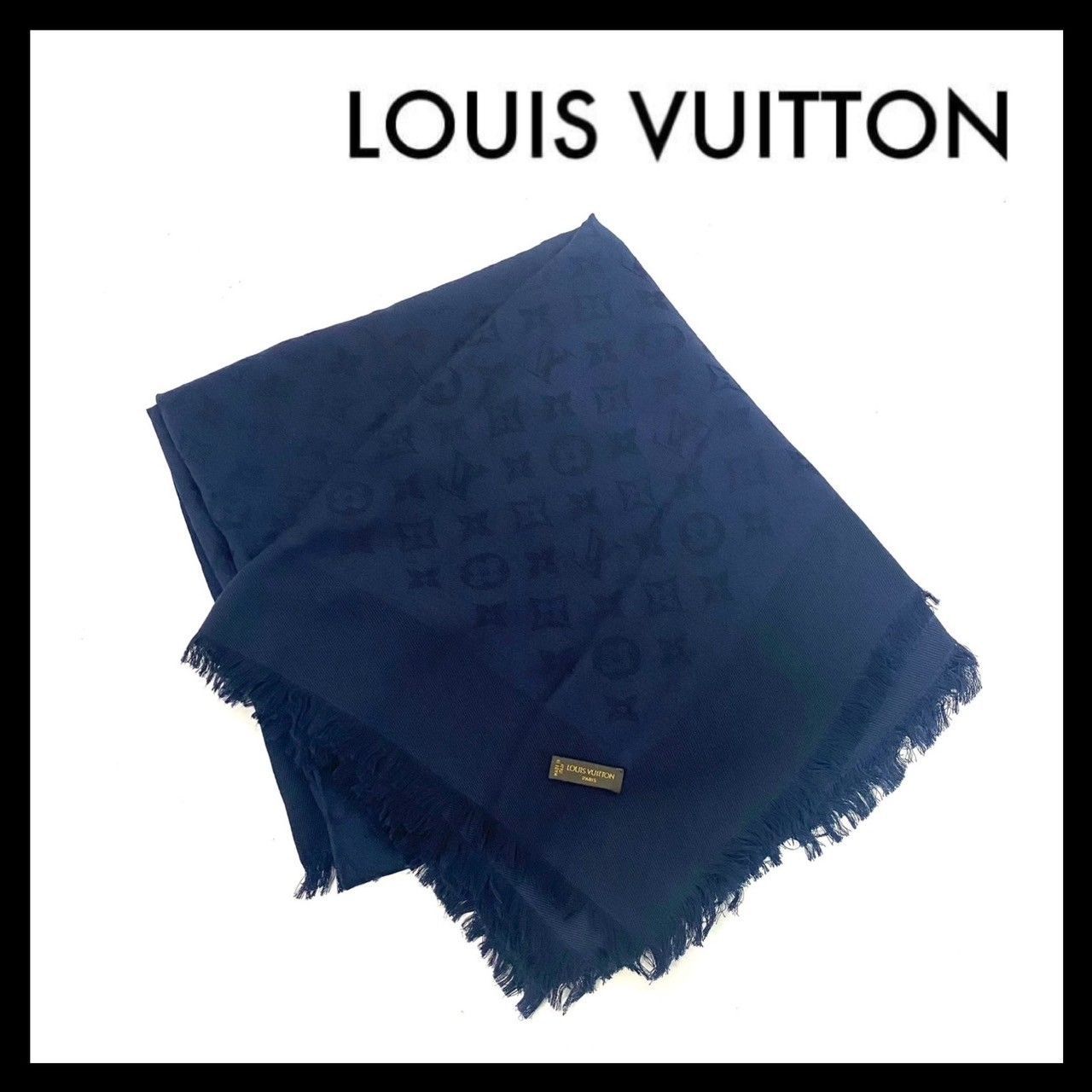 LOUIS VUITTON】大判ストール モノグラム ブルーニュイ シルク60％ ウール40％ ショール ネイビー ルイ ヴィトン (SER1992)  - メルカリ