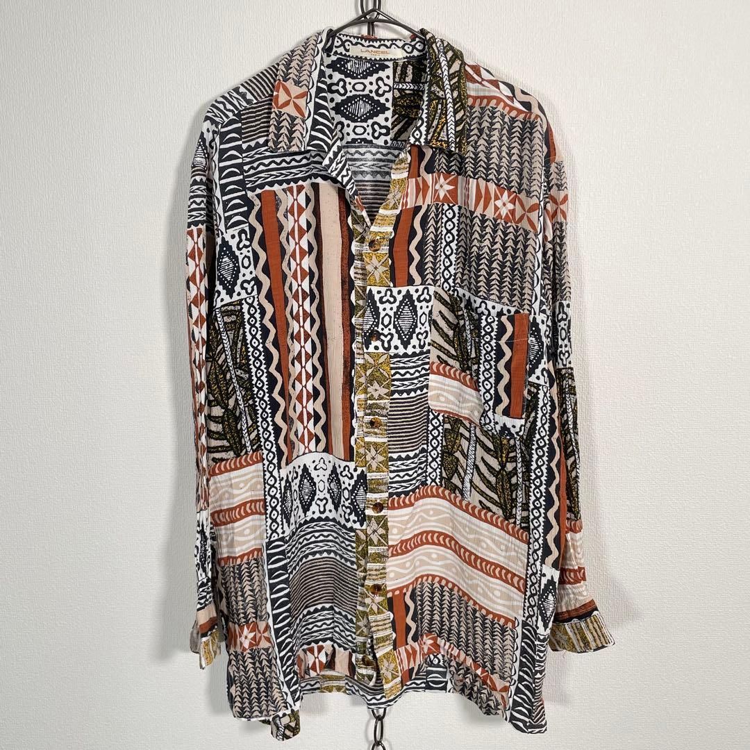 90s Vintage ヴィンテージ LANCEL SIWA 総柄シワシャツ エスニック Mサイズ程度