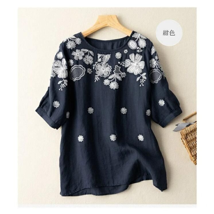 花柄刺繍 半袖フレアチュニック 黒 Sawa a la mode レディース トップス チュニック 黒 ブラック 5