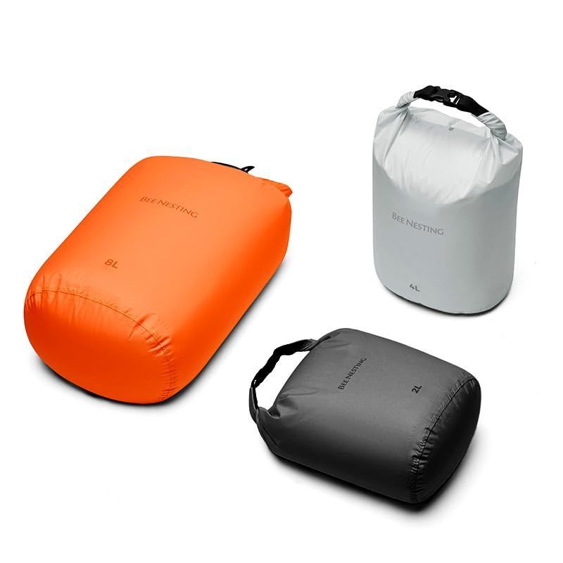 オレンジ+グレー+ダークグレー_3 Pack(2L+4L+8L) BeeNestingバックパッキング用超軽量ドライバッグセット、スタッフバッグ 登山 スタッフバッグキャンプ、ハイキング、ボート遊び ，カヤック用の