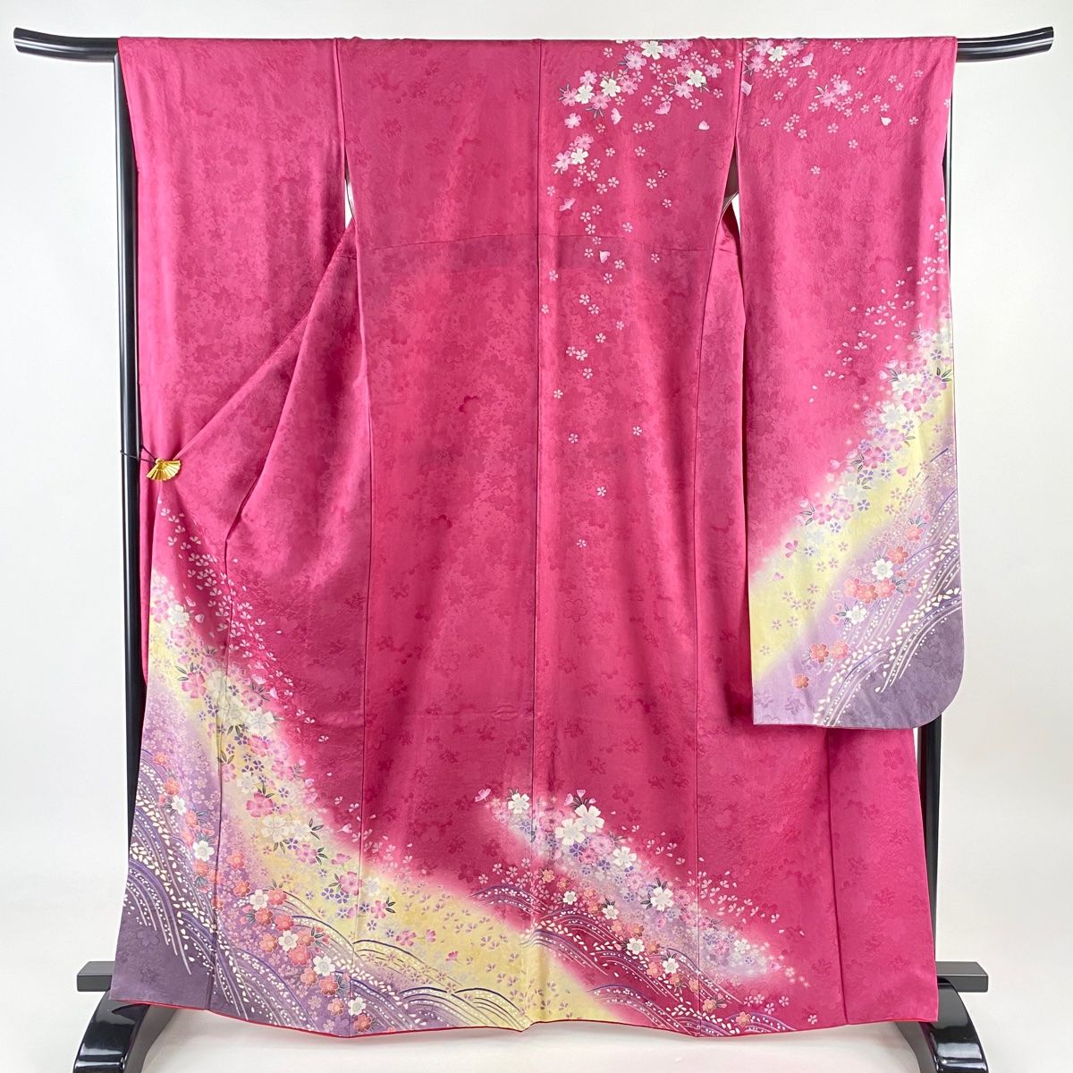 振袖 身丈165.5cm 裄丈66.5cm M 袷 草花 桜 ラメ糸 ぼかし ピンク 正絹 名品