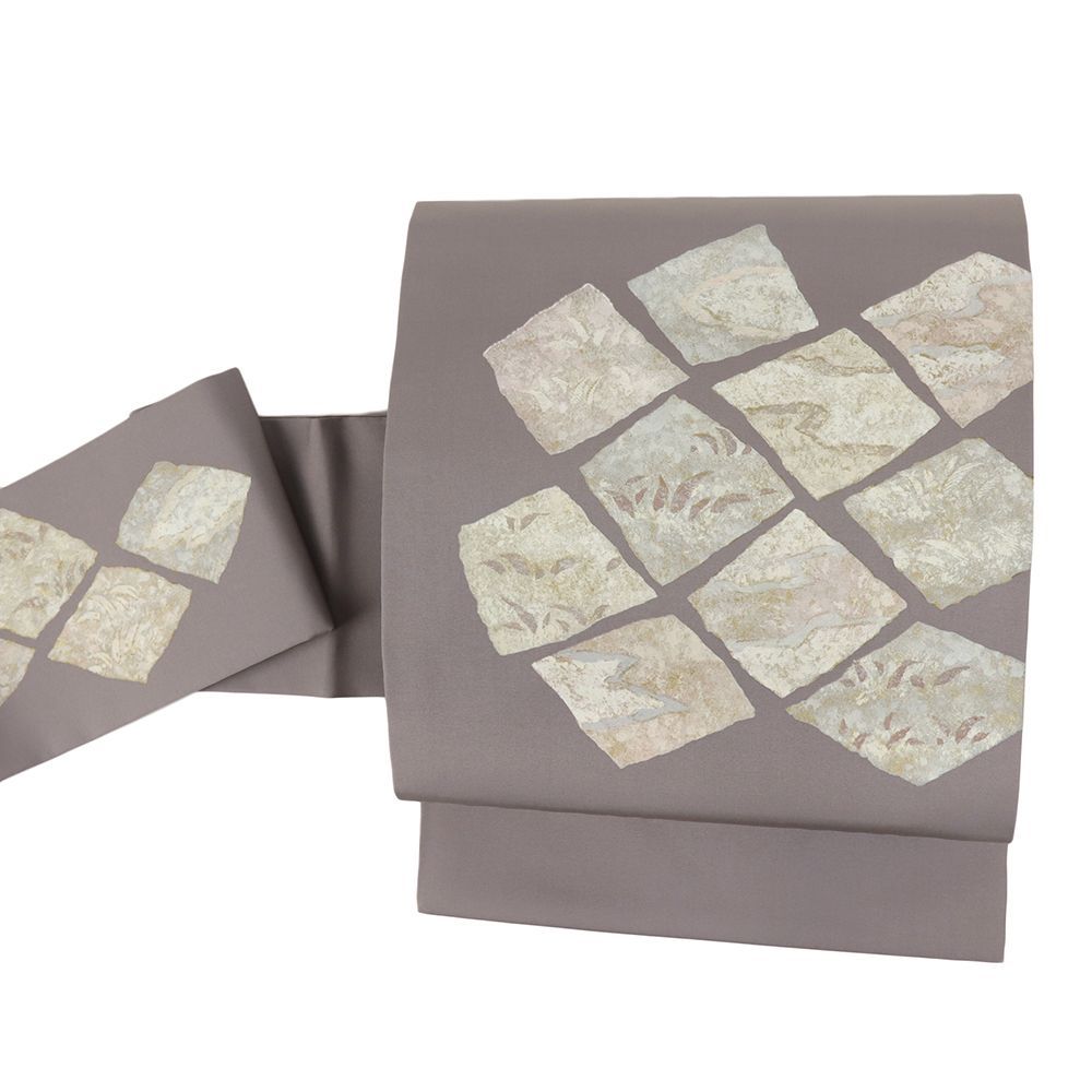 名古屋帯 正絹 グレージュ 摺り金箔 金彩加工 作家物 リサイクル 塩瀬 仕立て上がり カジュアル 染帯 お洒落 九寸 No.i6-2351