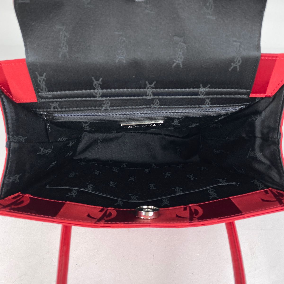 YSL 赤 ハンドバッグ サテン風 イヴ・サンローラン YVES SAINT LAURENT ロゴ ハンドバッグ YSL