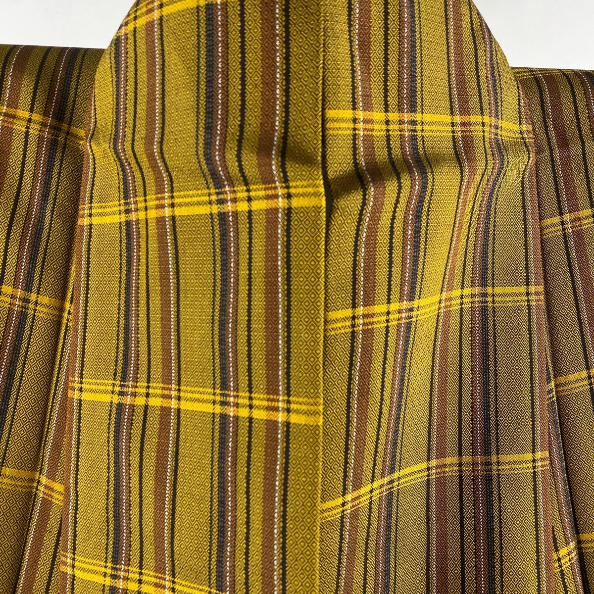 紬 身丈160cm 裄丈61cm S 袷 格子 入り子菱 山吹茶色 正絹 美品 逸品  