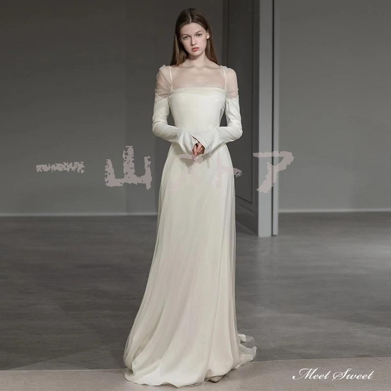 ウェディングドレス ロングドレス スレンダードレス 長袖 オフショルダー サテン ファスナー 二次会 結婚式 前撮り ブライダル 花嫁 ウエデ