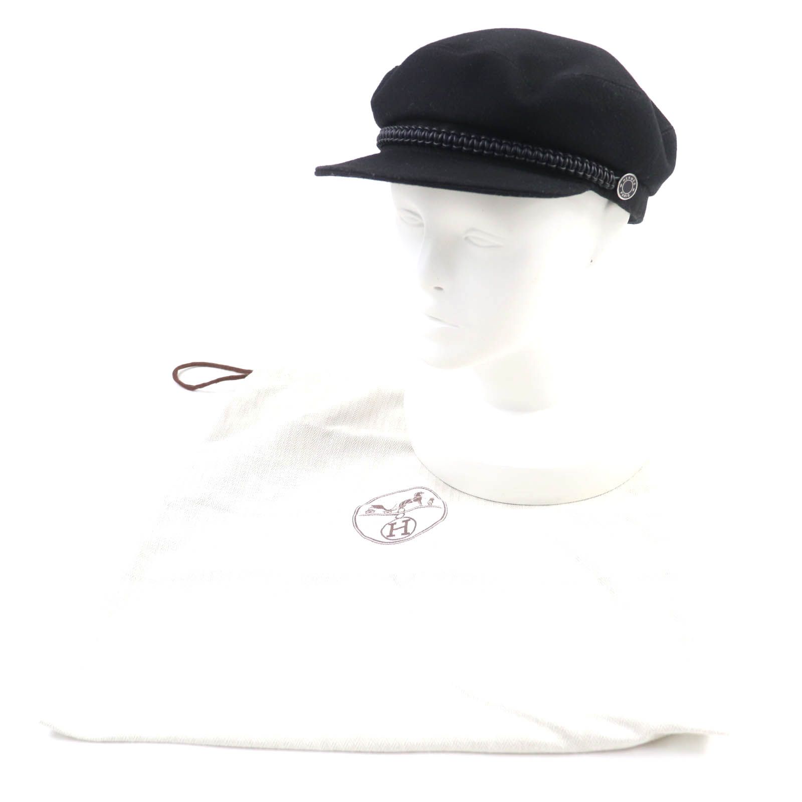 HERMES エルメス ドーヴィル カシミヤ100% セリエ金具付 レザー使い キャスケット ブラック 58 保存袋付き フランス製 正規品 レディース