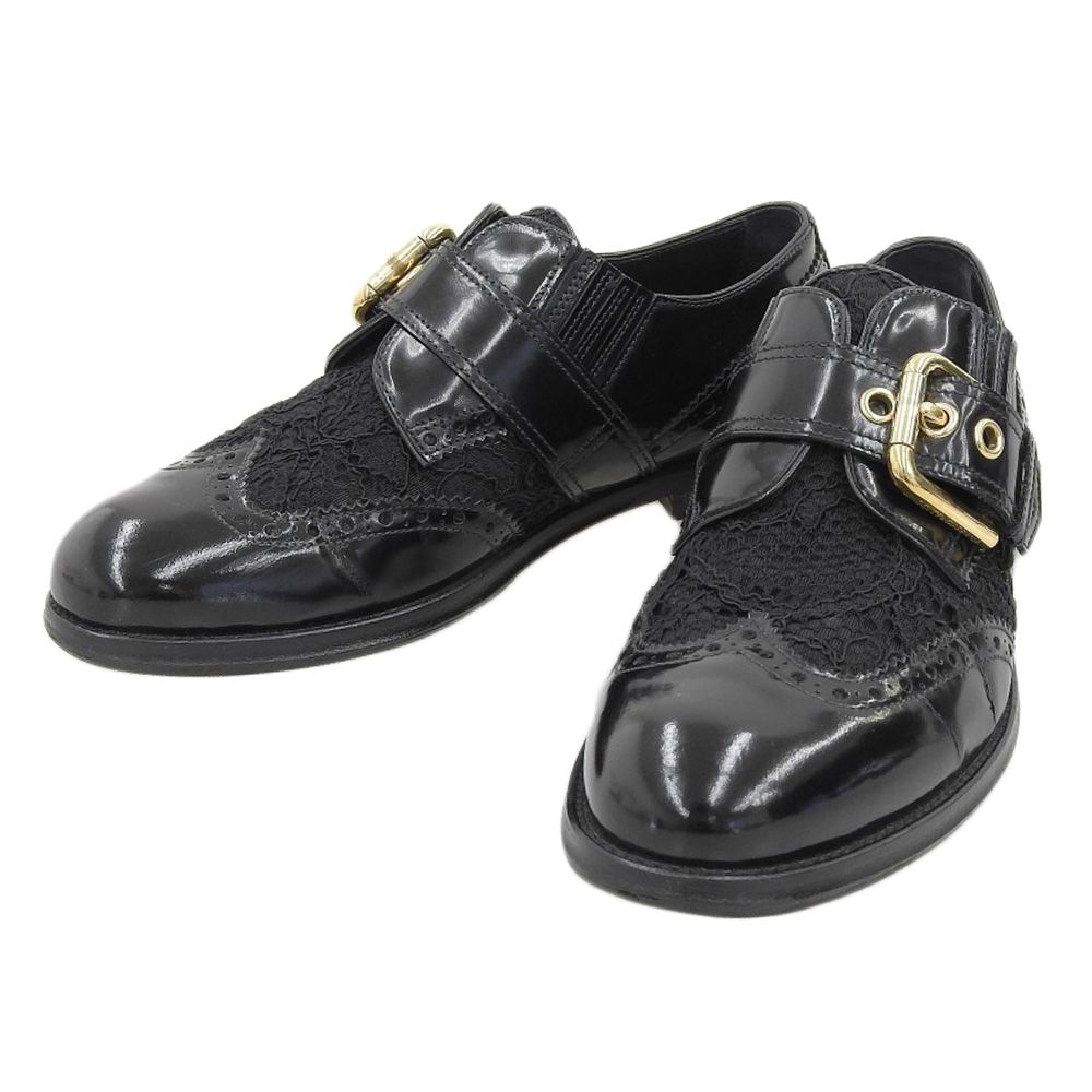 ドルチェ＆ガッバーナ DOLCE-GABBANA 現行タグ レザー-レース ウイングチップ メダリオン ドレスシューズ ブーツ 35 21.5-22cm 黒 GD レディース