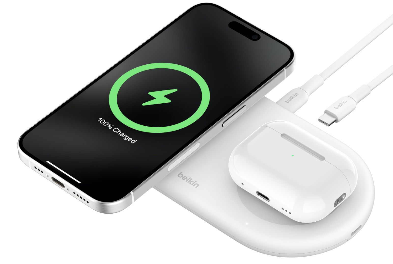Belkin 2 in 1 Qi2ワイヤレス充電器 Qi2公式認証/MagSafe対応 iPhone 16/15/14/13/12/Qi2対応スマートフォン(最大15W高速充電) AirPods/ワイヤレス充電対応イヤホン(5W充電) USB-C [ホワイト]