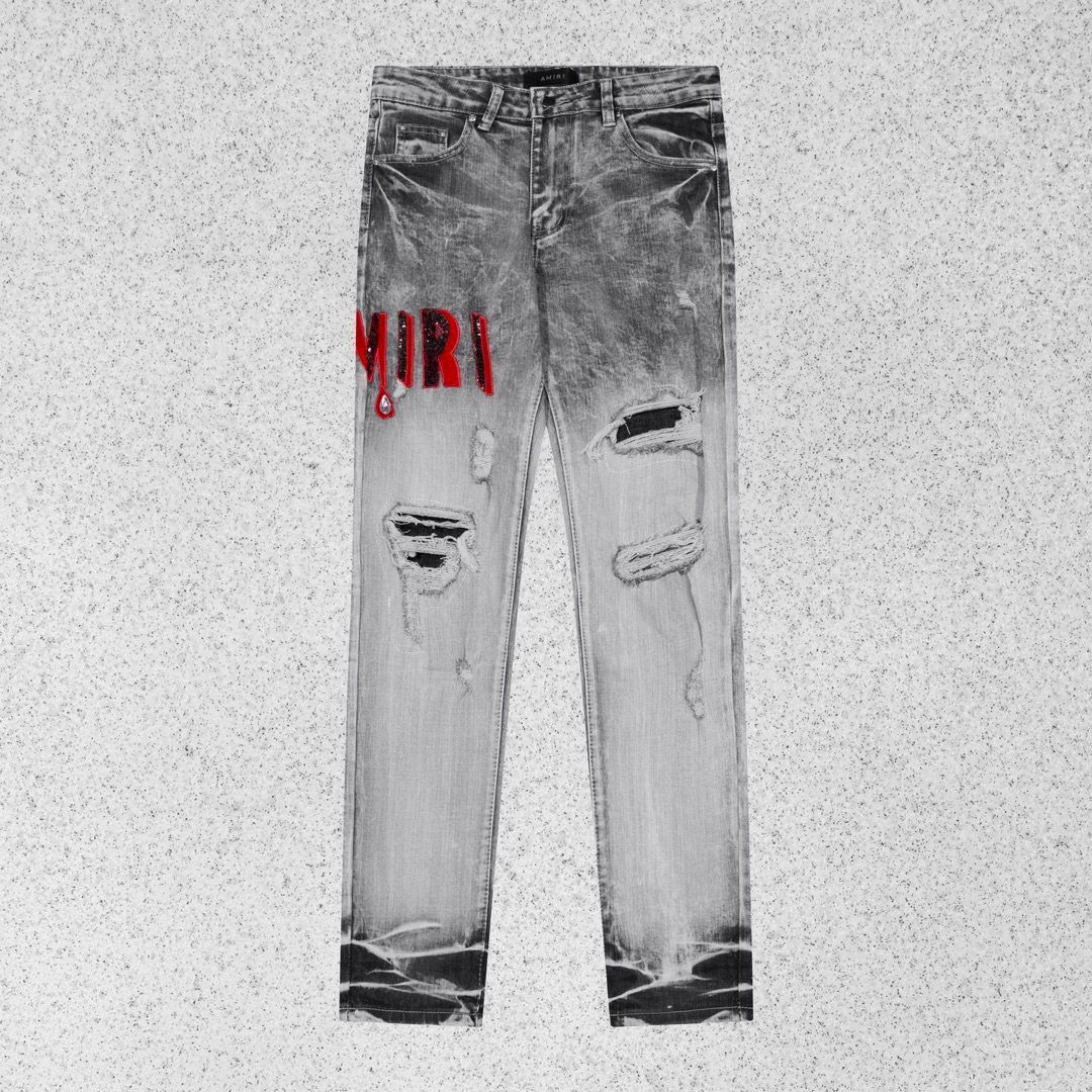 今日特価】AMIRI 24SS レッドレター クリスタル刺繍 デニム伐木