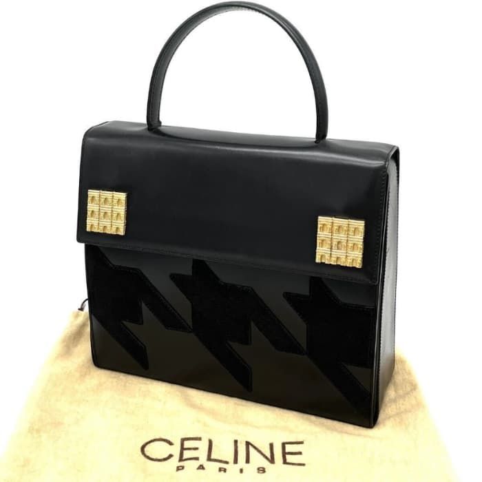 【中古】美品 CELINE セリーヌ 凱旋門 千鳥柄 ボックス カーフ レザー × スエード ハンド バッグ dD07130M