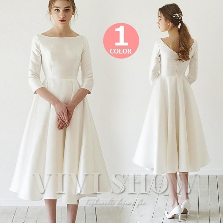 パーティードレス 袖あり 結婚式 ドレス サテン aライン ミディアム丈 ミモレ丈 ワンピース