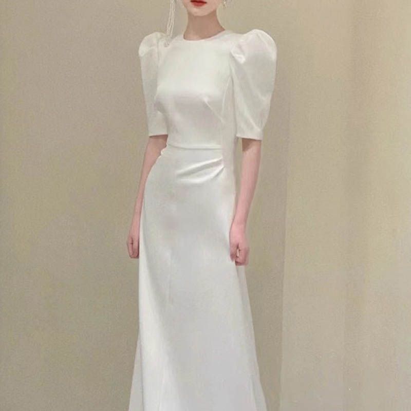 ♥ ウェディングドレス 七分袖 バックレス 二次会 白 袖付きのスレンダードレス ロングトレーン フォト婚 二人婚 ロケーションフォト フォトウェディン 韓国風 前撮り 大人