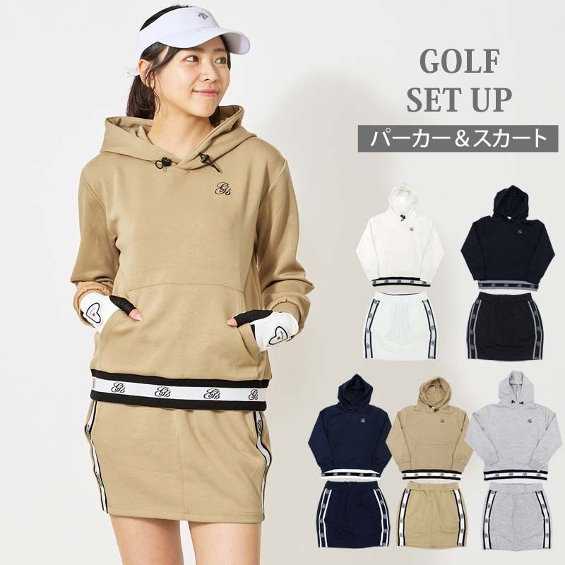 ゴルフウェア レディース 上下セットアップ gs GOLF スウェットジャージ フーディーパーカー スカート リブロゴライン切替 おしゃれ かわいい 韓国系 秋冬 春夏 ブランド 3-ネイビー