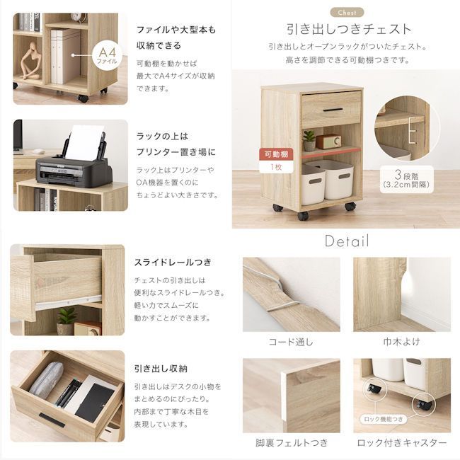 システムデスク3点セット 省スペース チェスト 収納棚 キャスター付