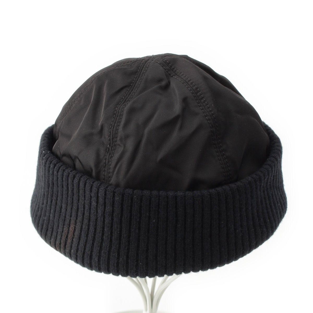 プラダ ウール カシミヤ ナイロン 切り替え ニットキャップ 帽子 ブラック S