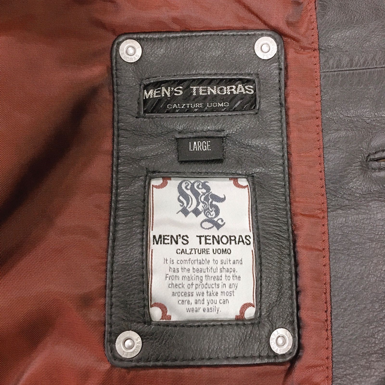 men's Tenoras黒 牛革 コート MEN'S TENORAS レザーコート ブラック 牛皮 アウター メンズ L