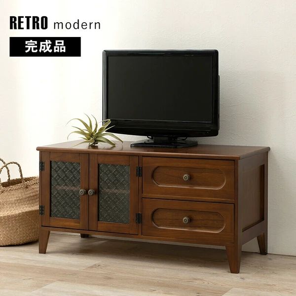 送料無料 完成品 テレビ台 幅90cm テレビボード レトロ ノスタルジック モザイクガラス 収納 引き出し 木目調 コード穴 キャビネット 棚