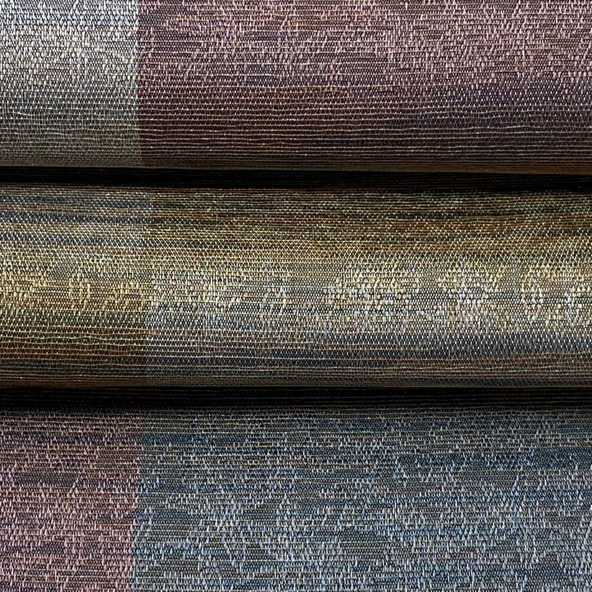 袋帯 逸品 紋屋井関 落款 御寮織 段縞 草花 金銀糸 青灰色 全通