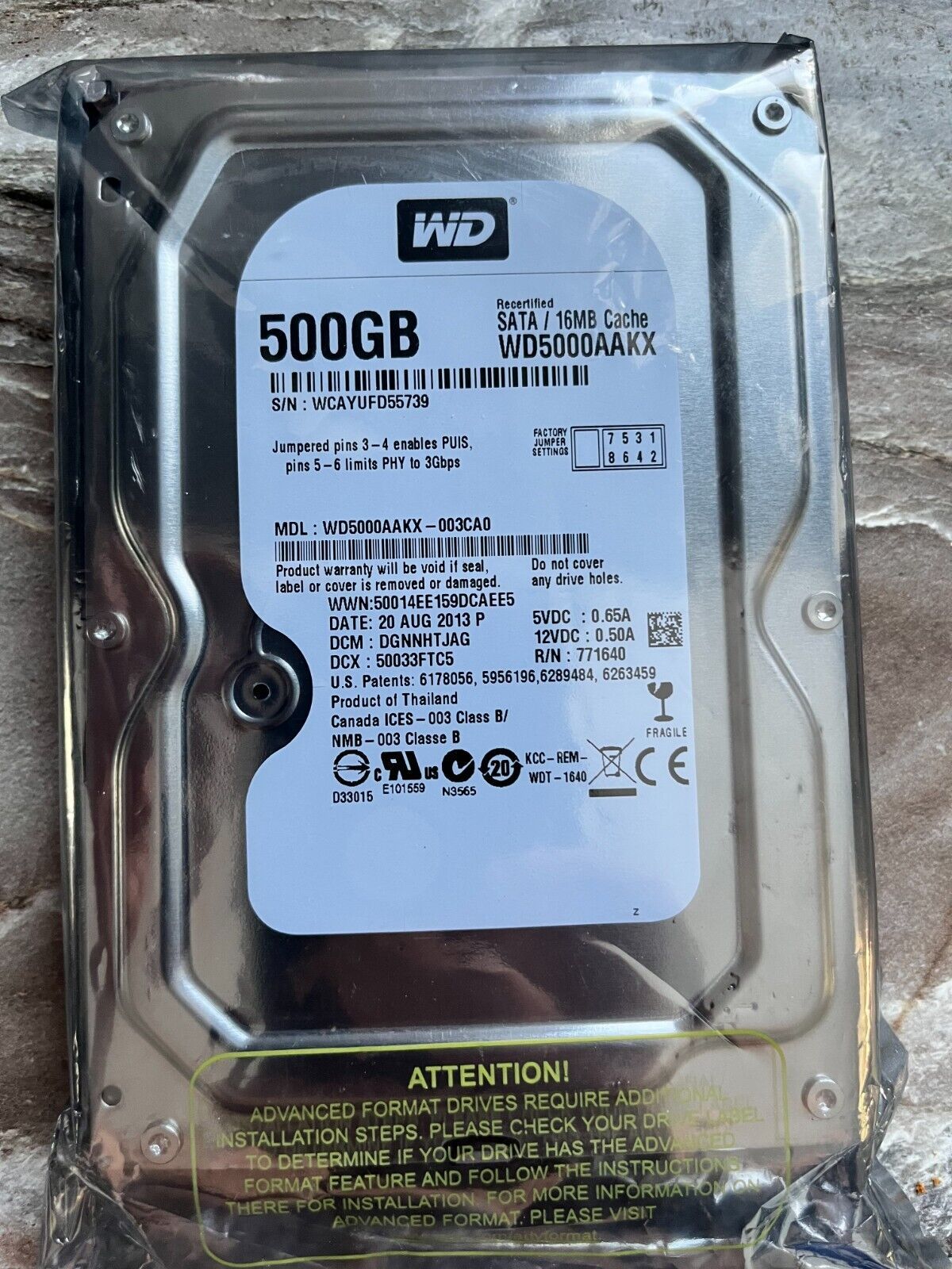 Western Digital 3.5 500 GB Sata Hard Drive Model WD5000AAKX MGF Augt 2013
