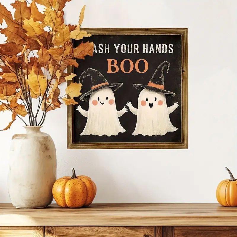  ハロウィーン スプーキー ゴースト 即 OK 木製 ウォール サイン - 素朴な手洗い BOO プラーク 魔女の帽子 デコール 電気不要 多目的 吊り下げ アート ホーム キッチン バスルーム用 yunban 581 ハロウィン 季節 年中行事