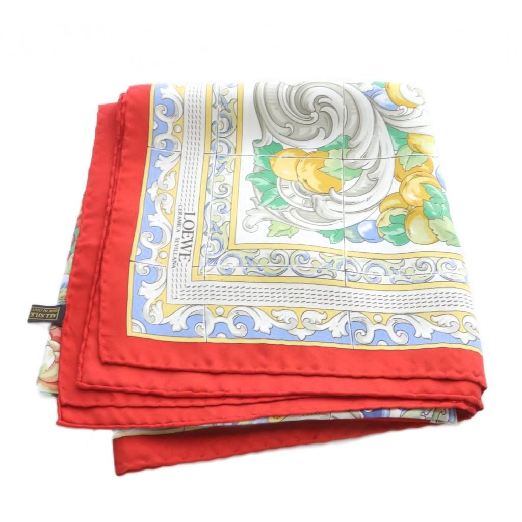 ロエベ LOEWE シルク 総柄 スカーフ 赤 レッド 白 ホワイト