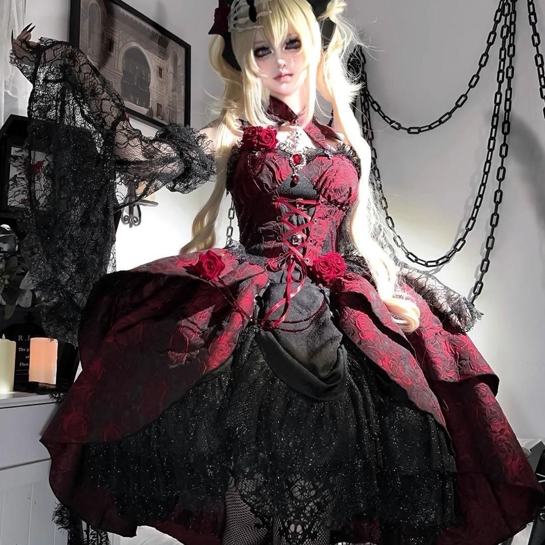ゴスロリ・ロリータドレス ゴシック風 小悪魔 地雷系 姫袖薔薇付き 黒と赤の花柄 ゴスロリドレス ロリィタ ゴシック風 小悪魔 地雷系 姫袖 レースドレス
