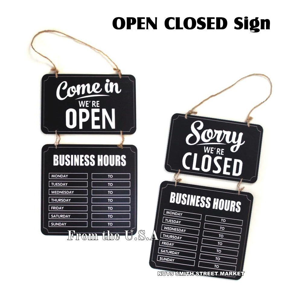 OPEN CLOSED 木製 黒白 目立つ カッコいい ドア ウインドウ 入口 看板 サイン アメリカンスタイル 週間営業時間表 アメリカメーカー製 こだわりの衣料雑貨店必需品