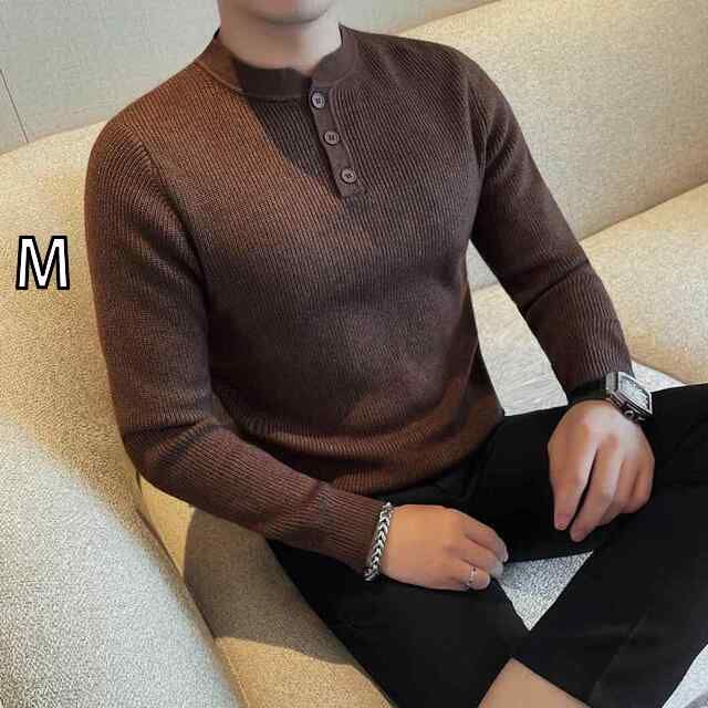 [M]春 コーデ メンズ  服 シンプル ファッション オシャレ 大人 かっこいい 大きいサイズ ストリート 紳士服 ヘンリー カラー セーター 長袖 快適 スリム ニット レイヤリング シャツ