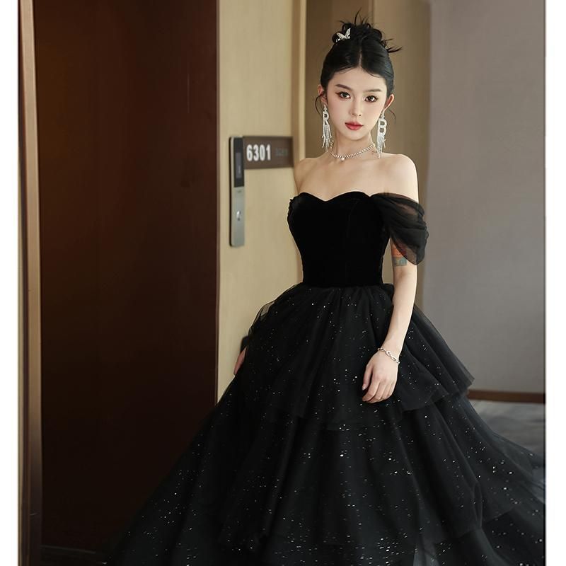 カラードレス ブラック オフショルダー プリンセスドレス 結婚式