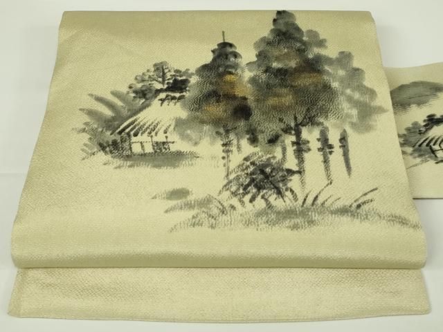 平和屋着物▽訪問着　単衣　刺繍　風景文　暈し染め　鬼しぼ縮緬　正絹　逸品　AABD0242fy 平和屋着物▽訪問着 単衣 刺繍 風景文 暈し染め 鬼しぼ